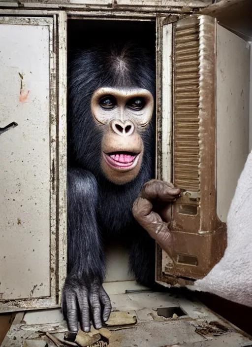 Image similar to scary half human half ape inside fuse box in post communist apartment building