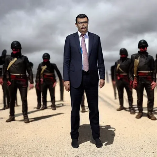 Prompt: spanish president pedro sanchez leading an army of the undead in a post - apocalyptic world