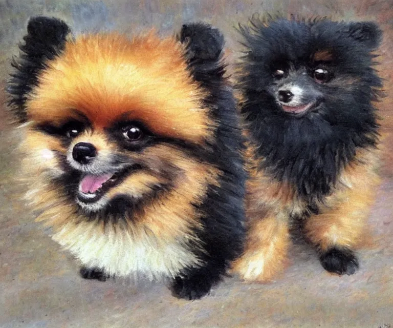 Image similar to brown and black pomeranian, cute, monet, oil painting