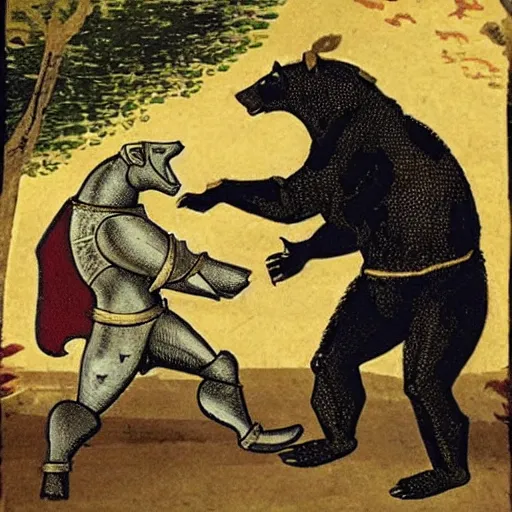 Image similar to medieval knight fights a bear. the bear is gigantic