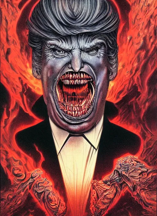 Image similar to donald trump's grotesque true form revealed, horror, high details, intricate details, by vincent di fate, artgerm julie bell beeple, 1 9 8 0 s, inking, vintage 8 0 s print, screen print
