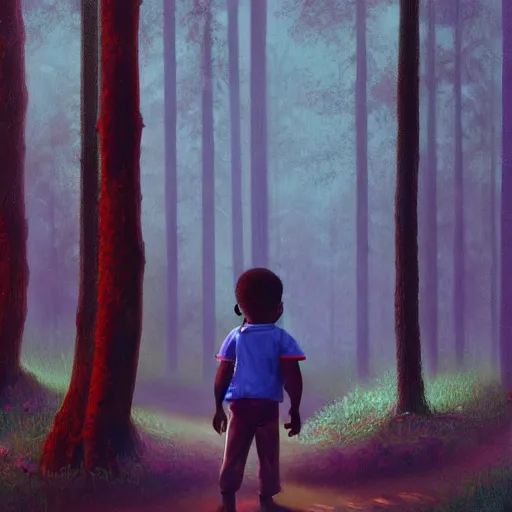 Image similar to a cinematic detailed painting of a black kid in the woods, volumetric light, surrealism, highly detailed, realistic, retro, in the style of francis bacon and james jean, trending on artstation, painting by Edward Hoper, colorful, realistic, smooth, octane render