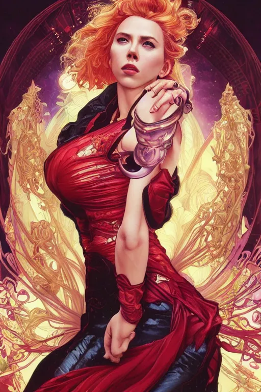 Image similar to celestial scarlett johansson, by artgerm and yoshitaka amano and moebius and alphonse mucha, hyperdetailed, dc comics, ornate, nebula, explosions in the sky, trending on artstation