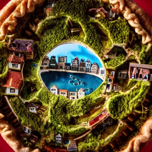 Prompt: macro photo of a miniature secret hidden world with tiny buildings and people inside of a pie floater