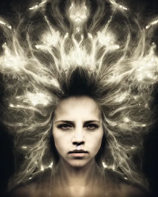 Prompt: luminescent long exposure light painting by lee jeffries of a beauteous practical sumptuous full frame photo realistic face, lifelike incredible hair, crystalline masterpiece incrustations, hyperdetailed face, elegant pose, movie still, intricate, octane render, cinematic forest lighting,