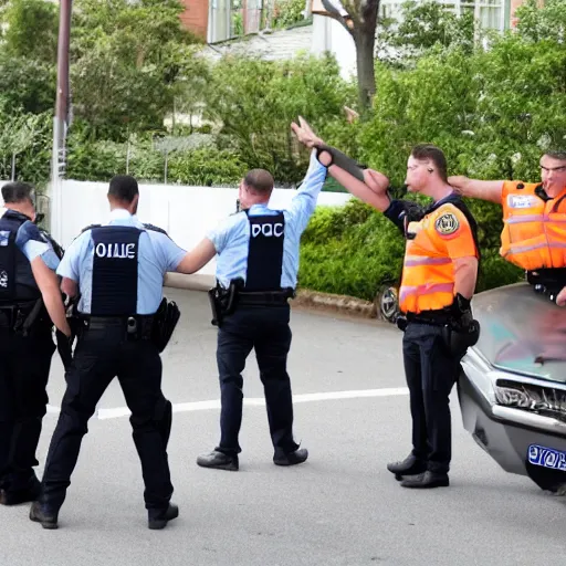 Prompt: police interviewing a whacky waving inflatable flailing arms man