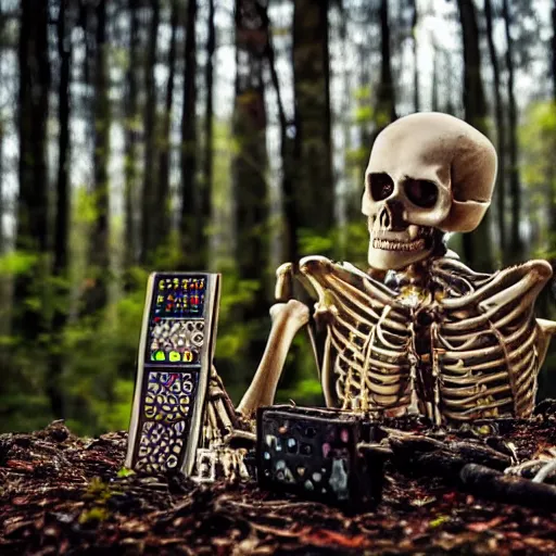 Image similar to portrait photo of a skeleton packed with electronics and mechanical components. In the forest with bokeh