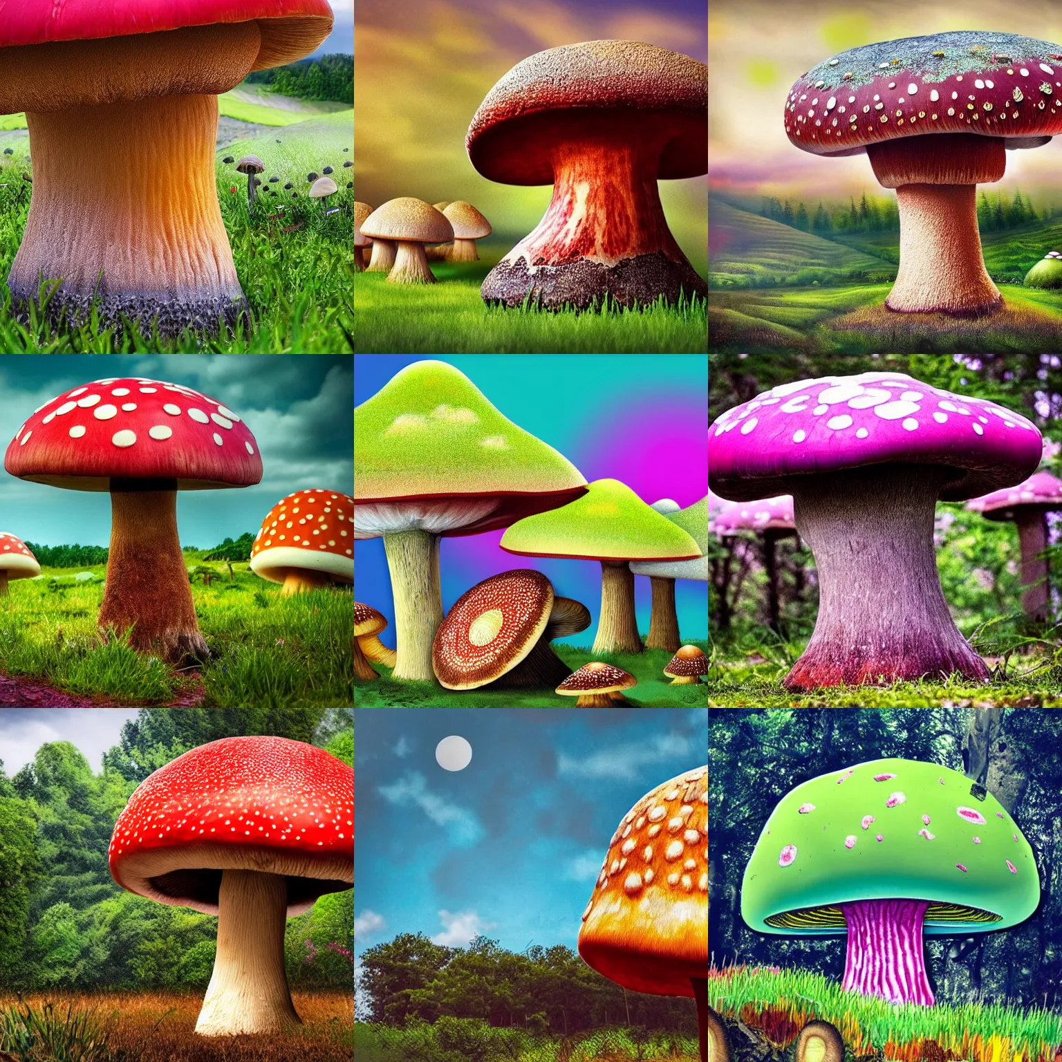 Prompt: a highly detailed photo of a giant mushroom, on which tiny people are living peacefully in tiny houses, vivid colours, photorealistic