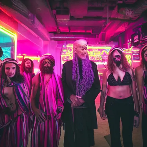 Image similar to 4 k portrait sony a 7 f 2. 8 of a gigantic president joe biden as a taliban leader surrounded by dancing instagram models with neon lighting and moody cloudy skies