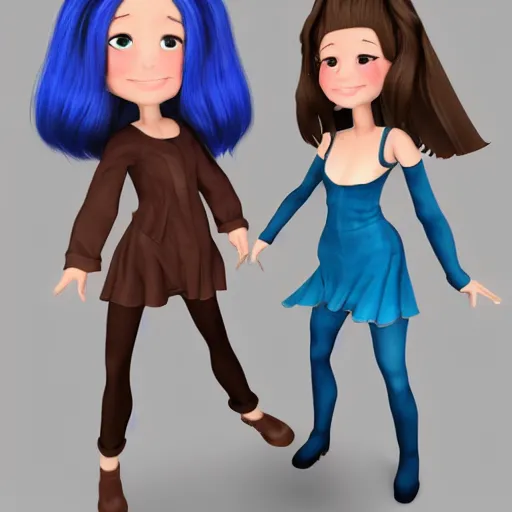 Image similar to a girl with short brown hair and a girl with long blue hair dancing together, trending on artstation