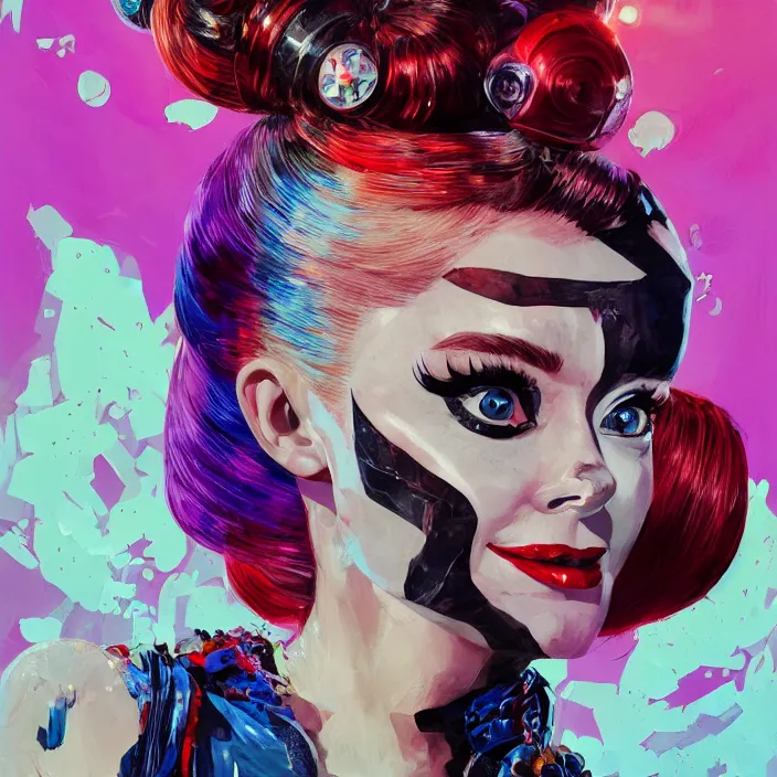 Image similar to portrait of Audrey Hepburn as a harley quinn. intricate abstract. intricate artwork. by Tooth Wu, wlop, beeple, dan mumford. octane render, trending on artstation, greg rutkowski very coherent symmetrical artwork. cinematic, hyper realism, high detail, octane render, 8k, iridescent accents