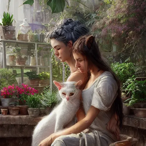 Image similar to two cats at a greenhouse in Ancient Greek | painting by Greg Rutkowski | trending on artstation | 8k | HD