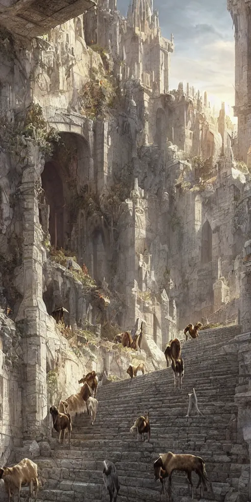 Image similar to a herd of goats!! climbing stairs in a beautiful fantasy castle made from white stone and bright copper, medieval city, metropolis, magic, tall towers, sunlight, white marble, god rays, digital art, landscape, fantasy art, octane render, unreal engine, high detail, very realistic, by greg rutkowski. by james gurney