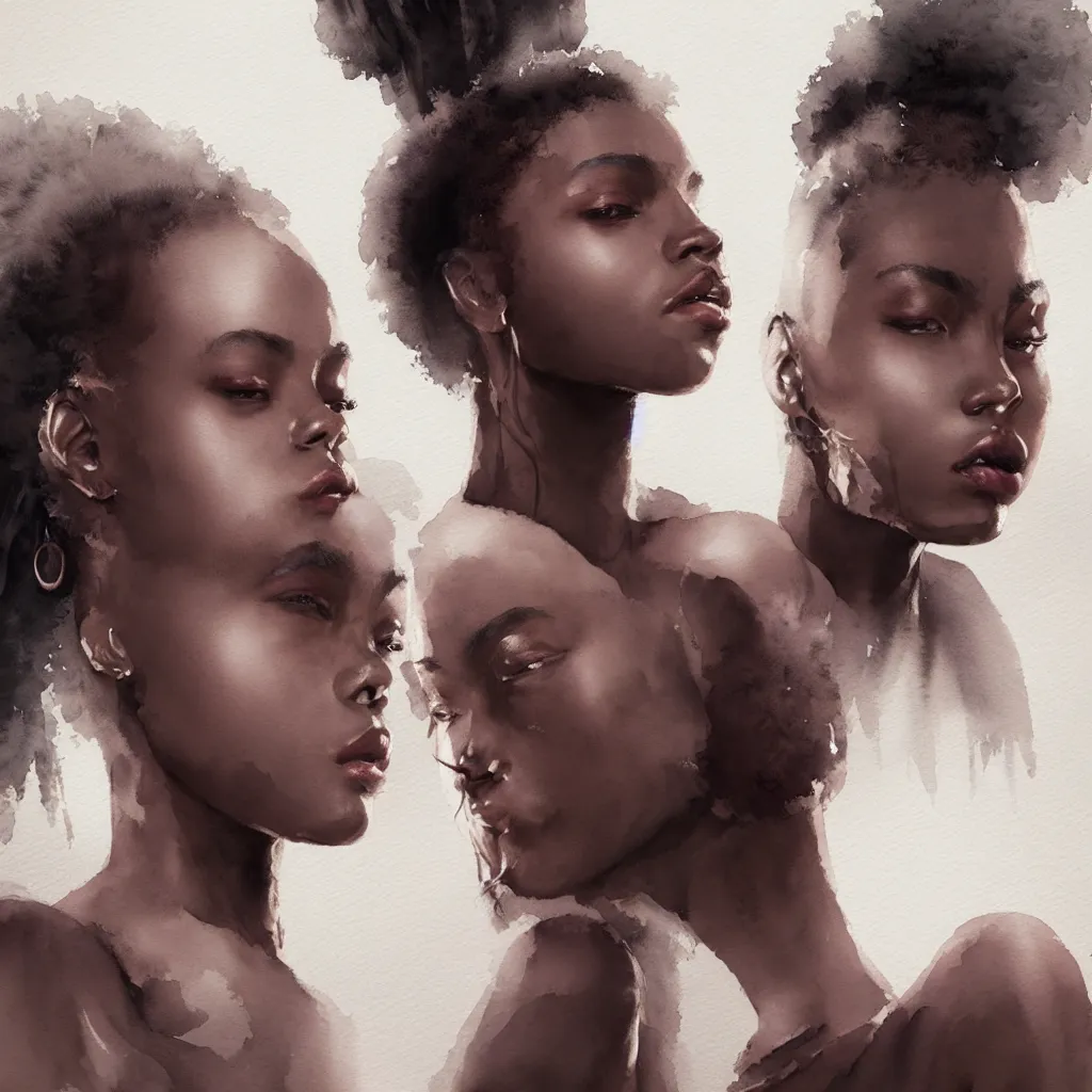 Image similar to beautiful watercolor painting of young black women, intricate, elegant, highly detailed, digital painting, artstation, concept art, smooth, sharp focus,, dynamic lighting, ultrarealistic, cinematic, octane render, 8 k