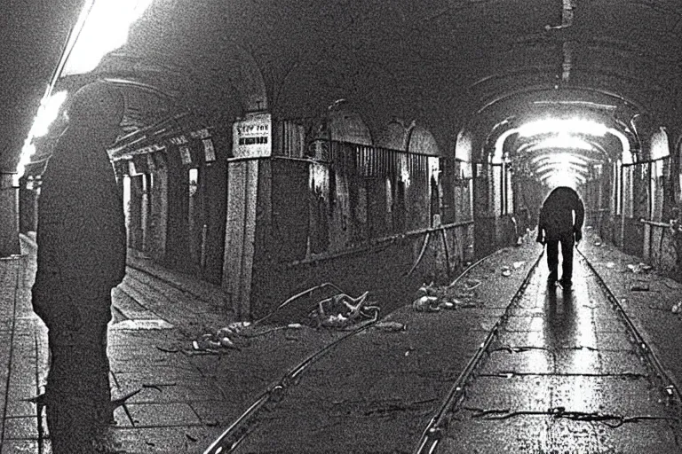 Image similar to very large giant mutant zombie irradiated an ifected with cancer and worms ( angry rat ) staying on railways in tonnel of moscow subway. extreme high detail, very realistic. low dark light, scary mood.