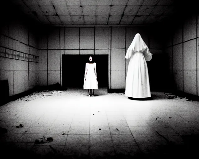 Image similar to creepy woman wearing white dress standing in the backrooms, psychological horror, the eerie forlorn atmosphere of a place that's usually bustling with people but is now abandoned and quiet, buzzing fluorescent lights above the ceiling, unsettling images, liminal space, dark