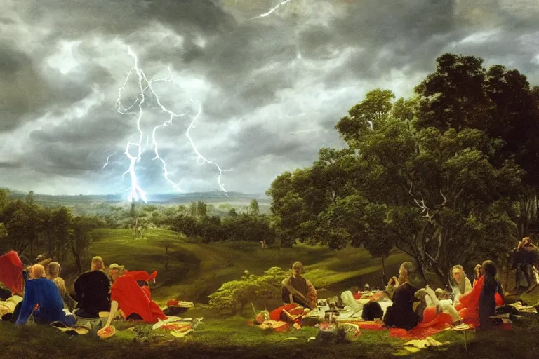 Prompt: a detailed illustration of a god ruining a picnic in the park, nightmare in the park, calamity, dark storms with lightning, ultrawide lens, aerial photography, natural disaster, 8 k, art by pierre - henri de valenciennes and caspar david friedrich and jacob gensler and eugene isabey