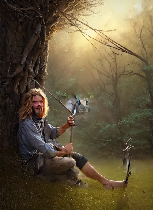 Image similar to highly detailed hyperrealistic painting of a blonde long - haired hillbilly standing in front of old rough house holding a stick, with his fluffy black and gray australian shepherd, bonfire, stephen bliss, art by greg rutkowski, loish, rhads, ferdinand knab, makoto shinkai and lois van baarle, tom bagshaw, global illumination, artstation