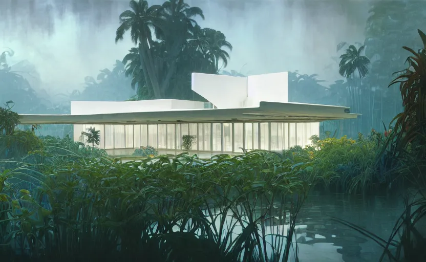 Prompt: painting of a wide angle exterior shot of a white modern architecture in the middle of a tropical forest with cinematic lighting by frank lloyd wright and renzo piano, darek zabrocki and greg ruthkowski, alphonse mucha, simon stalenhag and cinematic and blue cold atmospheric, archillect concept art, artstation, trending on artstation