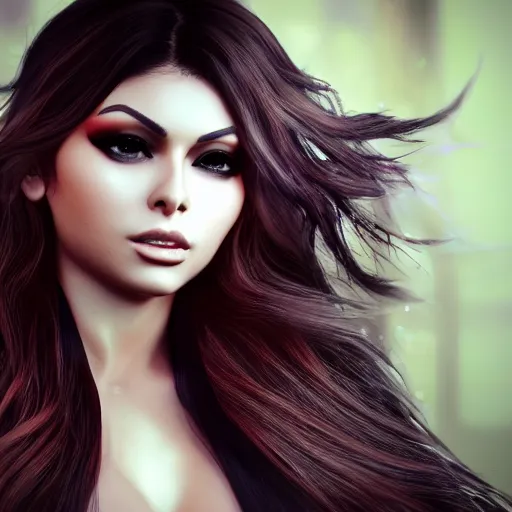 Image similar to portait of haifa wehbe, long hair centred, hd, very detailed curve, unreal engine, final fantasy style, loup garou background, rending artstation