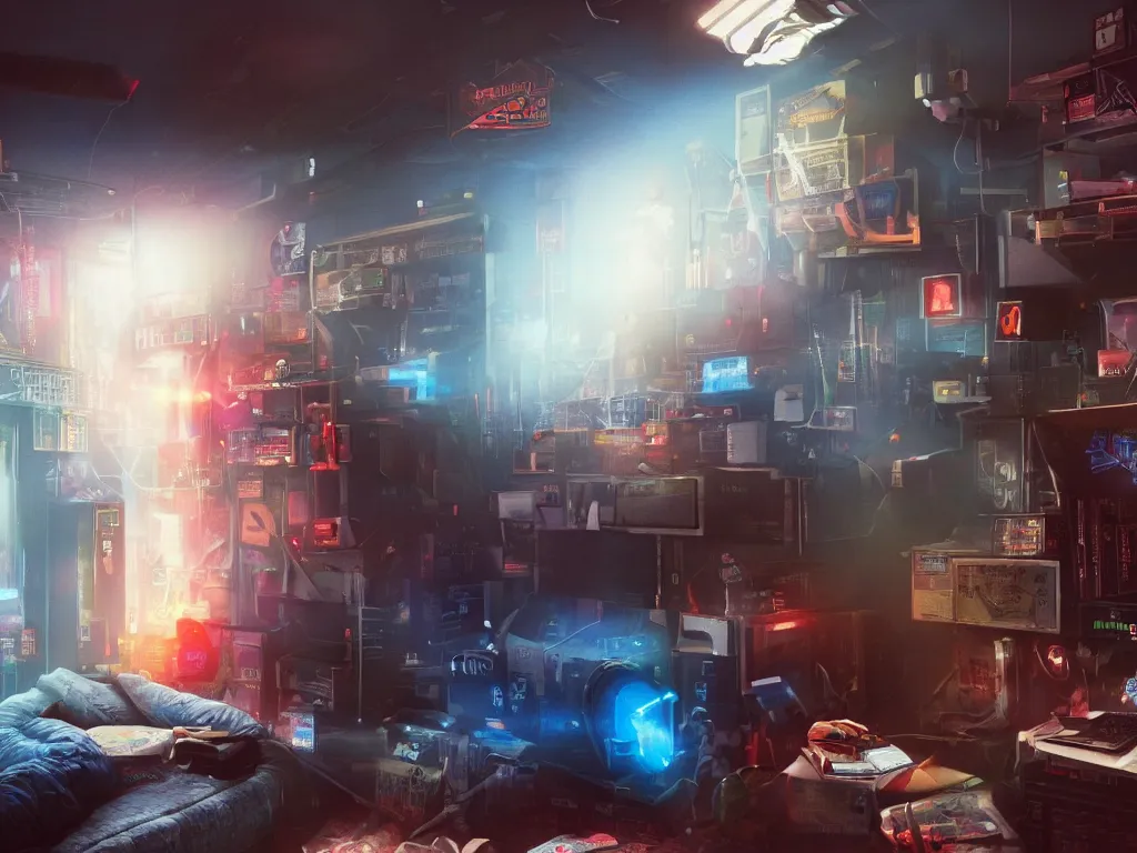 Prompt: An hacker's bedroom, by Kung Fury, by Ready Player One, by Mr Robot, digital art, realistic volumetric lighting, realistic reflections, rendered by Octane, highly realistic, 4k wallpaper, trending on Artstation