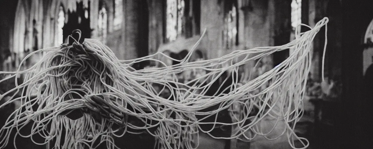 Image similar to an effigy of spaghetti inside a church, canon 5 0 mm, cinematic lighting, photography, retro, film, kodachrome, closeup