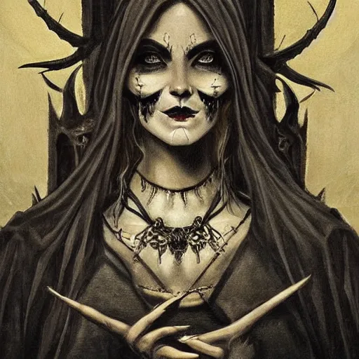 Image similar to gorgeous gothic portrait of a demon woman, intricate detail and composition, highly symmetric