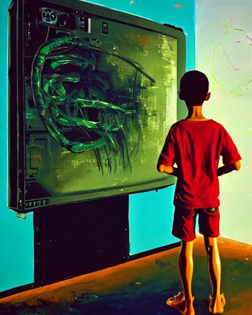 Image similar to an 8 years old enlightened and scared boy standing in front of an old computer from 90s with a game doom2 at the monitor screen painted by Adrian Ghenie and Willem de Kooning and Cy Twombly, still from a movie by Gaspar Noe and James Cameron. expressive acrylic flowing smudged painting