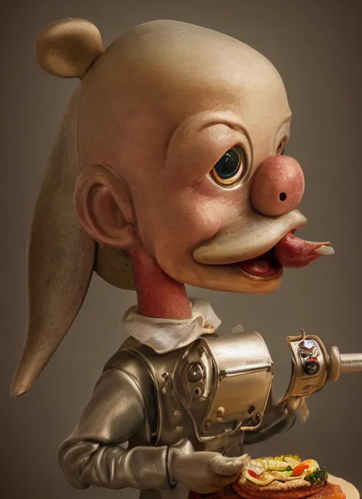 Image similar to highly detailed closeup, face profile portrait of a tin toy albert fish eating cakes, unreal engine, nicoletta ceccoli, mark ryden, earl norem, lostfish, global illumination, detailed and intricate environment