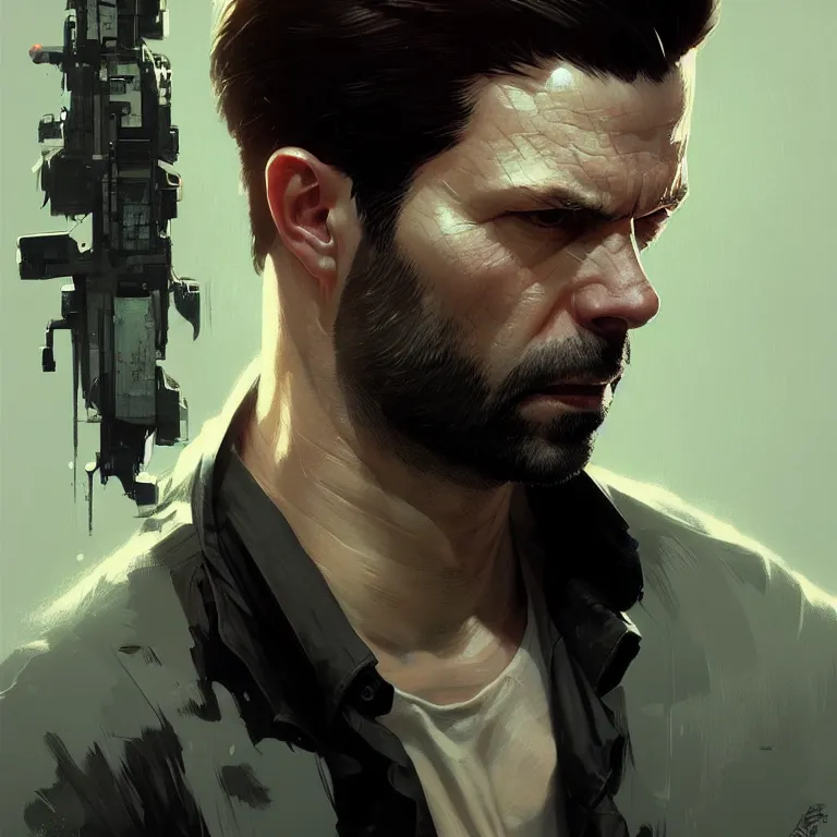 Image similar to Max Payne portrait, sci-fi face, elegant, highly detailed, digital painting, artstation, concept art, smooth, sharp focus, illustration, art by artgerm and greg rutkowski and alphonse mucha