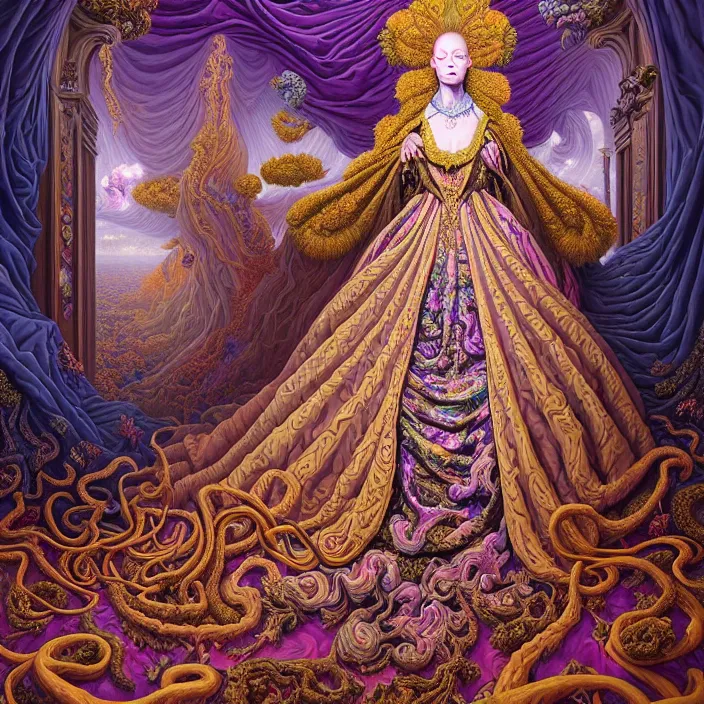 Image similar to beautiful oil painting, full length portrait of dauphinois in baroque coronation robes 1701, Dan Mumford, Dan Mumford, Alex grey, hyacinthe rigaurd, highly detailed , lsd visuals, dmt fractal patterns, hallucinogen, visionary art, psychedelic art, ornate, vaporwave, baroque, Greg rutkowski