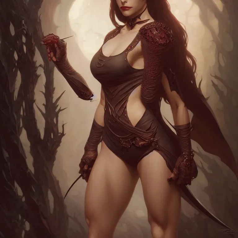 Image similar to female vampire, muscular upper body, D&D, fantasy, intricate, elegant, highly detailed, digital painting, artstation, concept art, smooth, sharp focus, illustration, art by artgerm and greg rutkowski and alphonse mucha