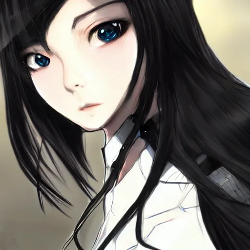 Image similar to portrait of a beautiful girl with long black hair, wearing police riot uniform, drawn by WLOP, by Avetetsuya Studios, attractive character, colored sketch anime manga panel, trending on Artstation