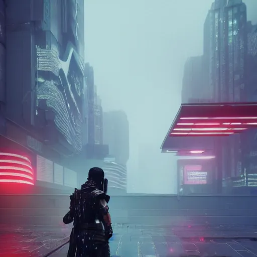 Image similar to cyberpunk samurai in a dytopian future, ultra realistic, fog, raytracing, reflections, rain, octane render