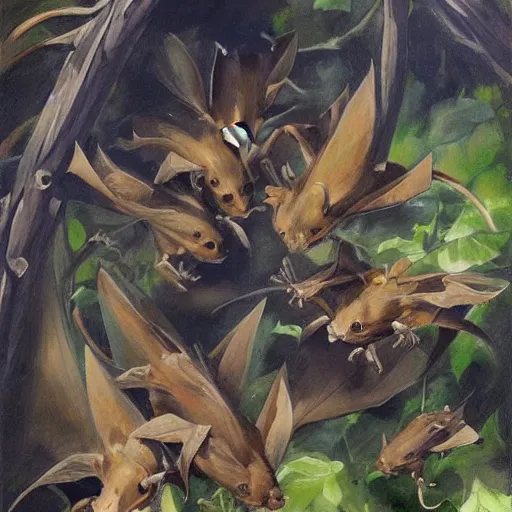 Image similar to a highly detailed beautiful portrait of newly evolved terrestrial bats, speculative evolution, english countryside, by gregory manchess, james gurney, james jean