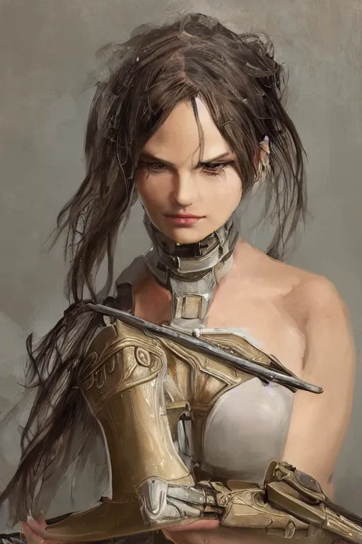 Image similar to a photorealistic painting of an attractive young girl, partially clothed in battle armor, olive skin, long dark hair, beautiful bone structure, symmetrical face, perfect eyes, intricate, elegant, digital painting, concept art, illustration, sharp focus, minimal artifacts, from Metal Gear, in the style of Ruan Jia and Mandy Jurgens, by Greg Rutkowski, trending on Artstation, award winning