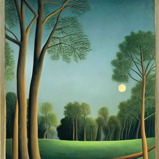 Prompt: central park at night, henri rousseau painting, moon light, teal palette