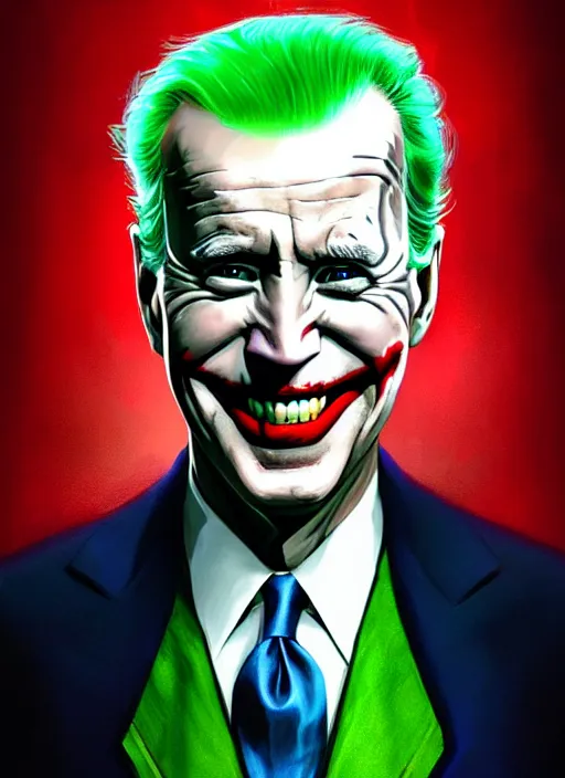 Image similar to portrait of joe biden as the joker, green hair, intricate, elegant, glowing lights, highly detailed, digital painting, artstation, concept art, sharp focus, illustration, art by wlop, mars ravelo and greg rutkowski