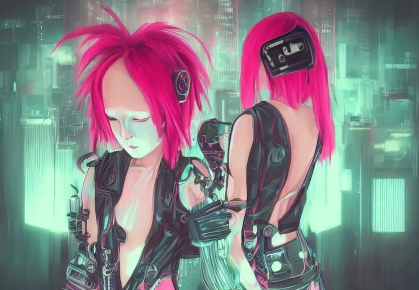 Image similar to little android girl with eccentric pink haircut wearing black feather dress, cyberpunk, anime style artwork, dark, neon, anatomically perfect