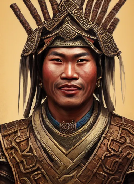 Prompt: smart tai warlord of sukhothai, closeup portrait, without beard and mustache, historical hero, ethnic group, tai costume, thai transitional bronze headdress, intricate, with leather armor cross on bare chest, elegant, loin cloth, highly detailed, oil painting, artstation, concept art, matte, sharp focus, illustration, hearthstone, art by earl norem