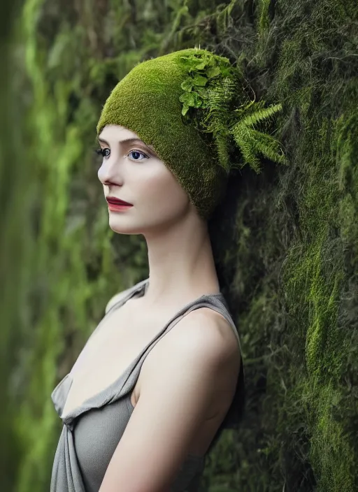 Prompt: a photo of a female model, organic headpiece, fern, vines, horn, moss, fashion photography, realistic, hyperdetails, dark grey backdrop studio, body draped with moss