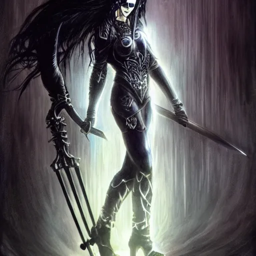 Prompt: female warrior with mask, black hair, glowing sword, cinematic, by luis royo