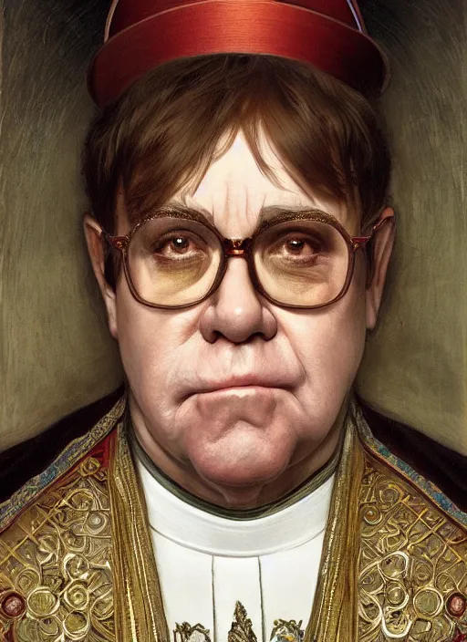 Image similar to Elton John as the pope, headshot, painted renaissance character portrait, highly detailed, painting, artstation, sharp focus, art by artgerm and greg rutkowski and alphonse mucha and magali villeneuve