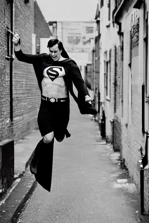 Image similar to 35mm photo of a drunk superman in a London alley