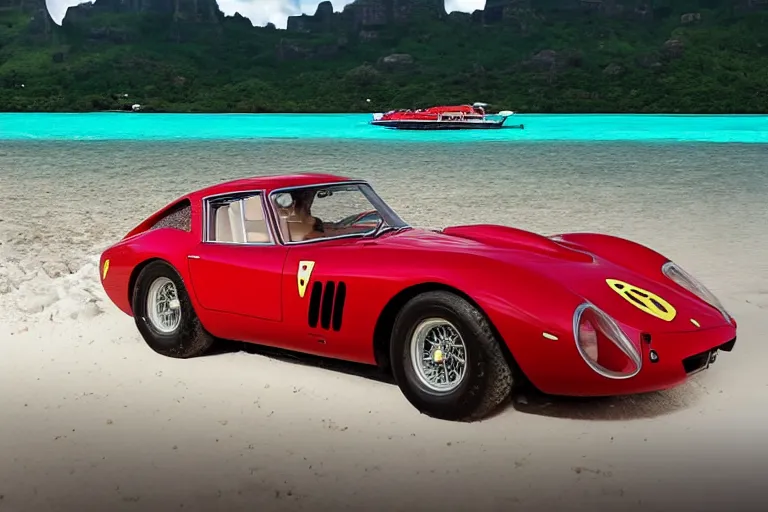 Prompt: cinematography of Ferrari 250 GTO series 2 in bora bora by Emmanuel Lubezki