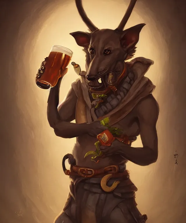 Image similar to a portrait of an anthropomorphic ninja greyhound drinking a beer, standing in a restaurant, cute and adorable, dnd character art portrait, well rendered matte fantasy painting, deviantart artstation, by jason felix by steve argyle by tyler jacobson by peter mohrbacher, cinematic lighting