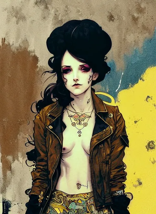 Image similar to highly detailed portrait of a moody sewerpunk young adult lady with a harris tweed holdy by greg tocchini, by krenz cushart, by alphonse mucha, by kaethe butcher, gradient yellow, black, brown and cyan color scheme, grunge aesthetic!!! ( ( graffiti tag city background ) )