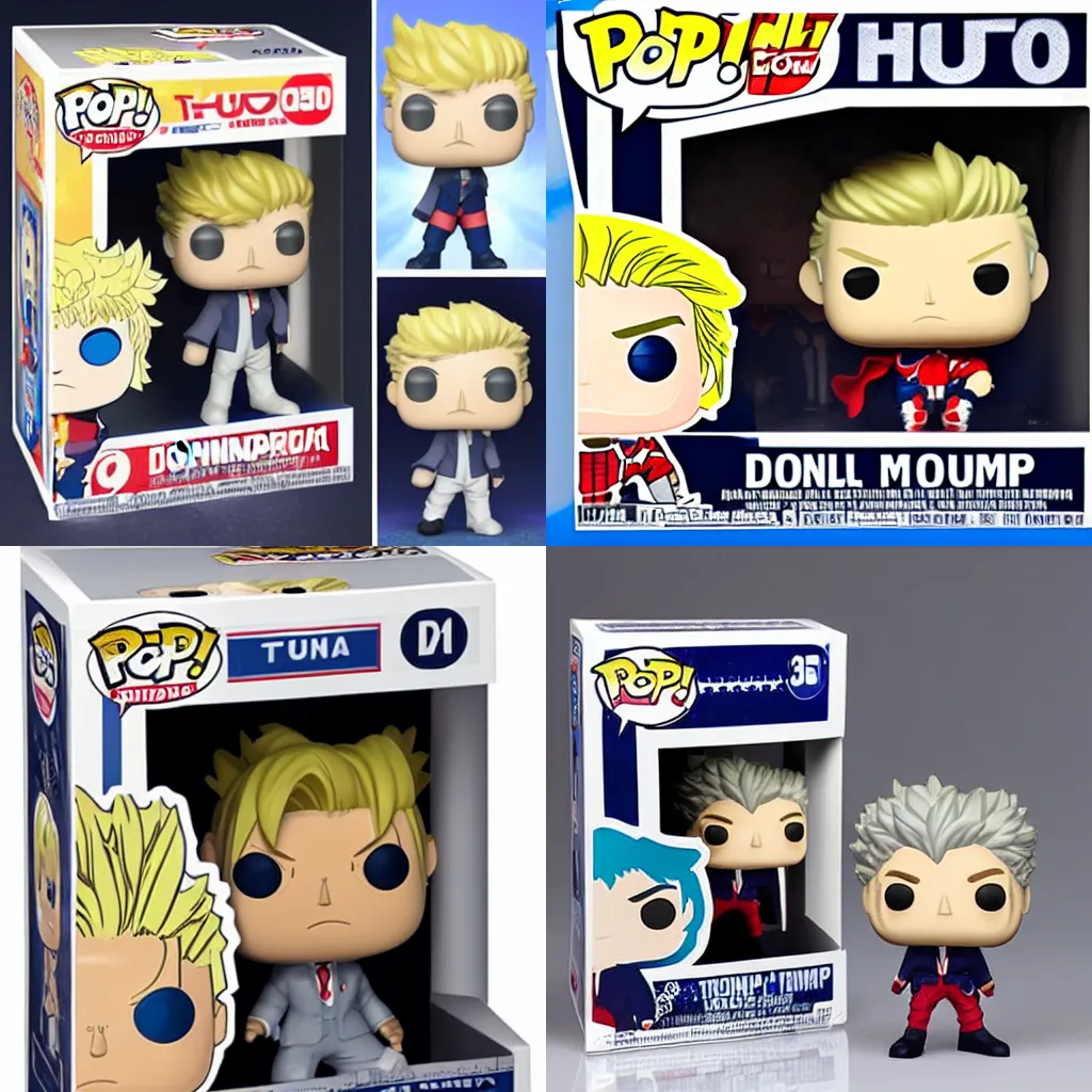 Prompt: Figurine My Hero Academia POP! donald trump, without pop! box, blond hair, blue suit, grey background