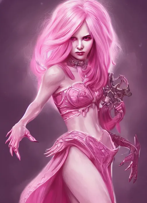 Image similar to a highly detailed illustration of pink haired pale demon girl wearing pink dress wielding claws, dramatic claw pose, intricate, elegant, highly detailed, centered, digital painting, artstation, concept art, smooth, sharp focus, league of legends concept art, wlop.