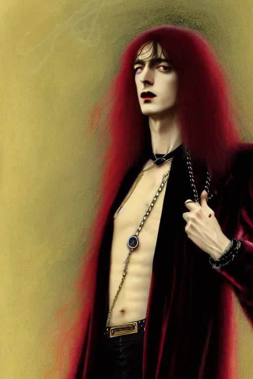 Image similar to a beautiful androgynous man, long hair, tall and thin, dressed in velvet, rock star, young jimmy page, wearing several pendants and a choker, vampire, illustration, dramatic lighting, soft details, painting, art nouveau, octane render, 8 k, hd, by edmund blair leighton, brom, charlie bowater, faces by otto schmidt